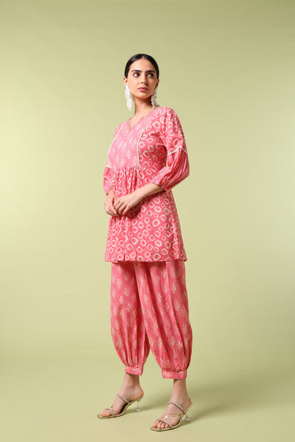 Vibrant Roots Pink Printed Peplum Kurta Set with Balloon Pants