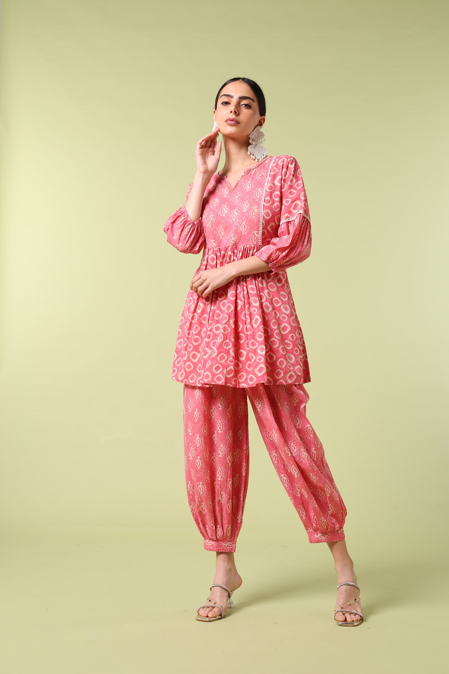 Vibrant Roots Pink Printed Peplum Kurta Set with Balloon Pants