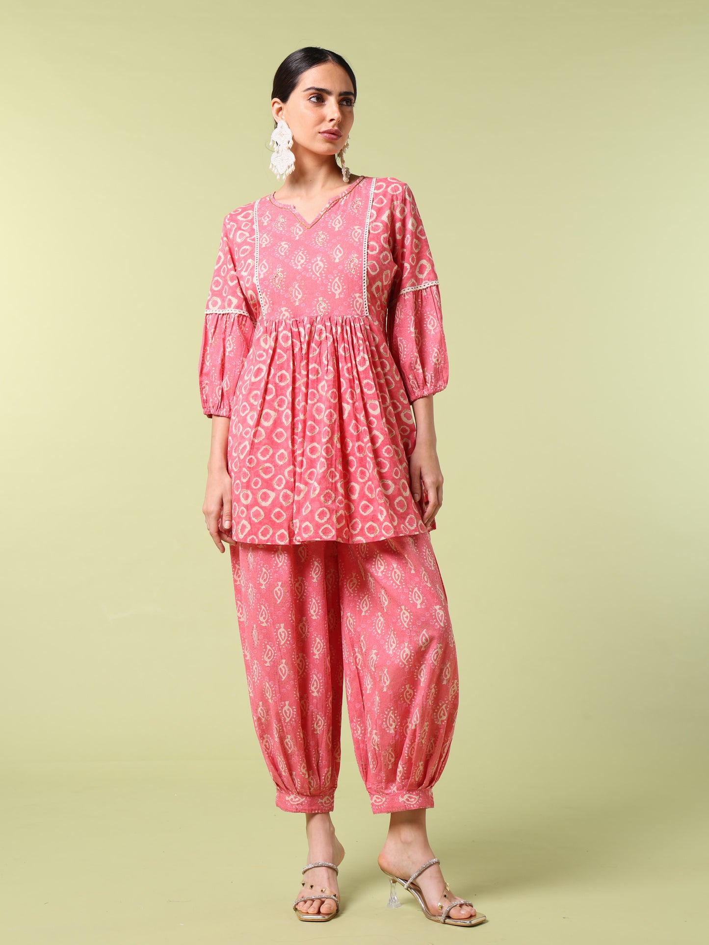 Vibrant Roots Pink Printed Peplum Kurta Set with Balloon Pants