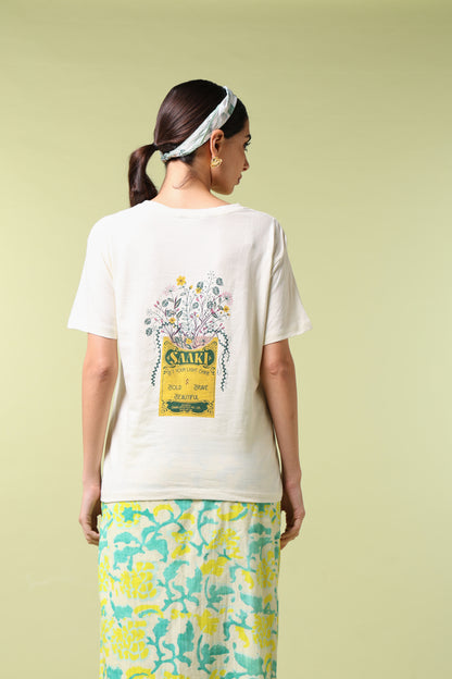 Petals Of Power Off White Printed Relaxed Fit T-Shirt