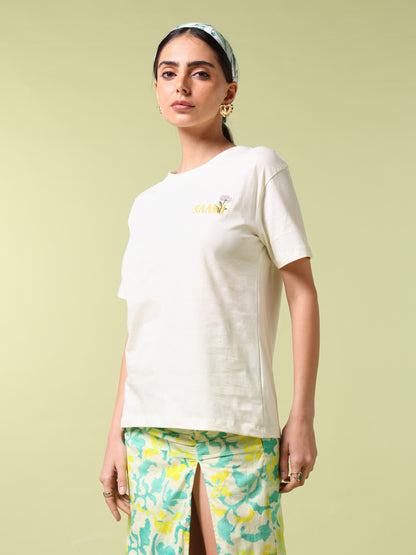 Petals Of Power Off White Printed Relaxed Fit T-Shirt