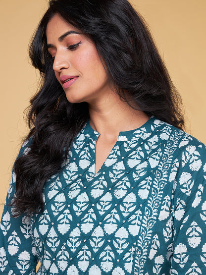 Blooming Melodies A-line Teal Kurta Set