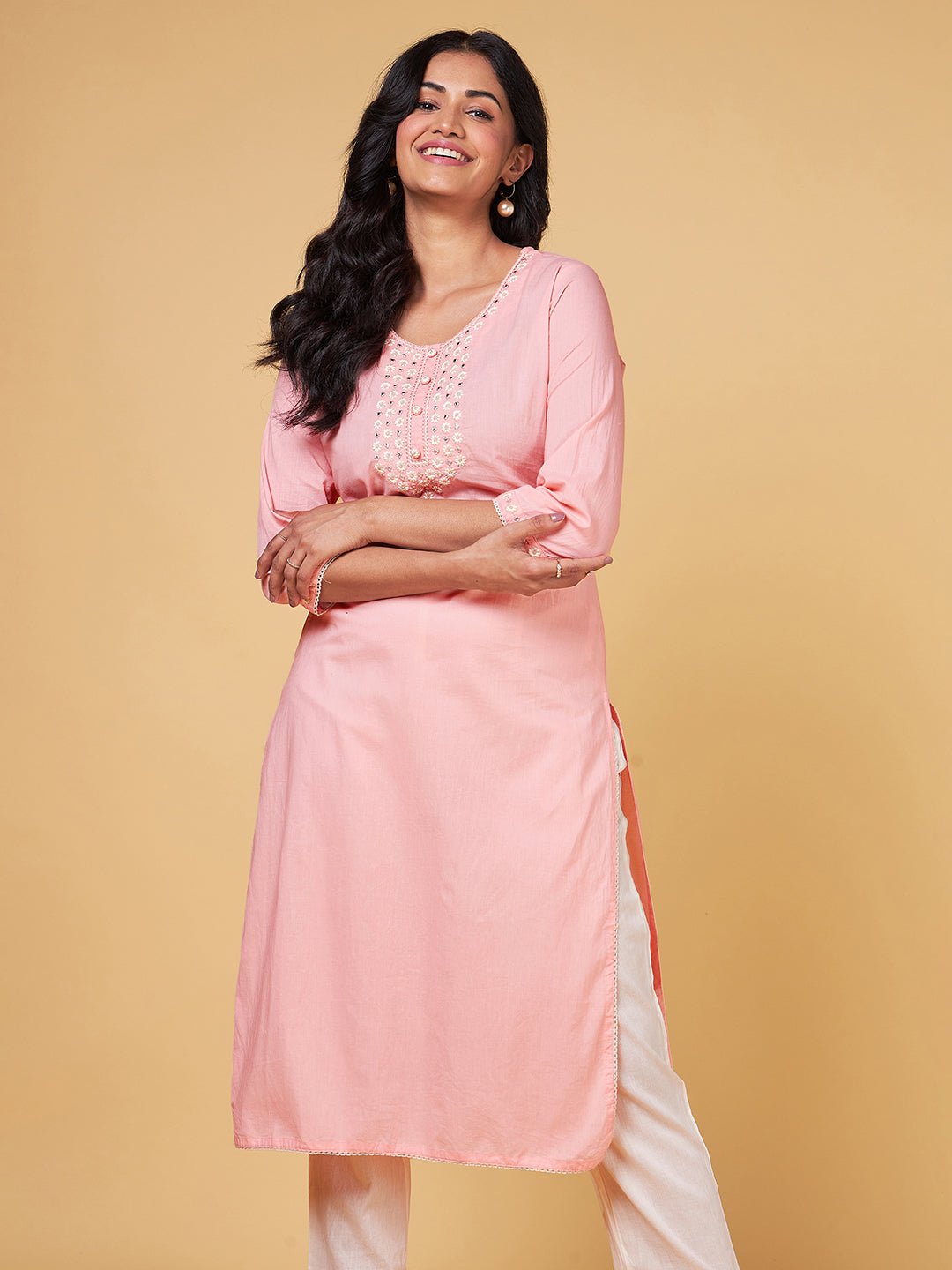 Saaki by Samantha Ruth Prabhu Peach Pink Embroidery Cotton Kurta Set Look