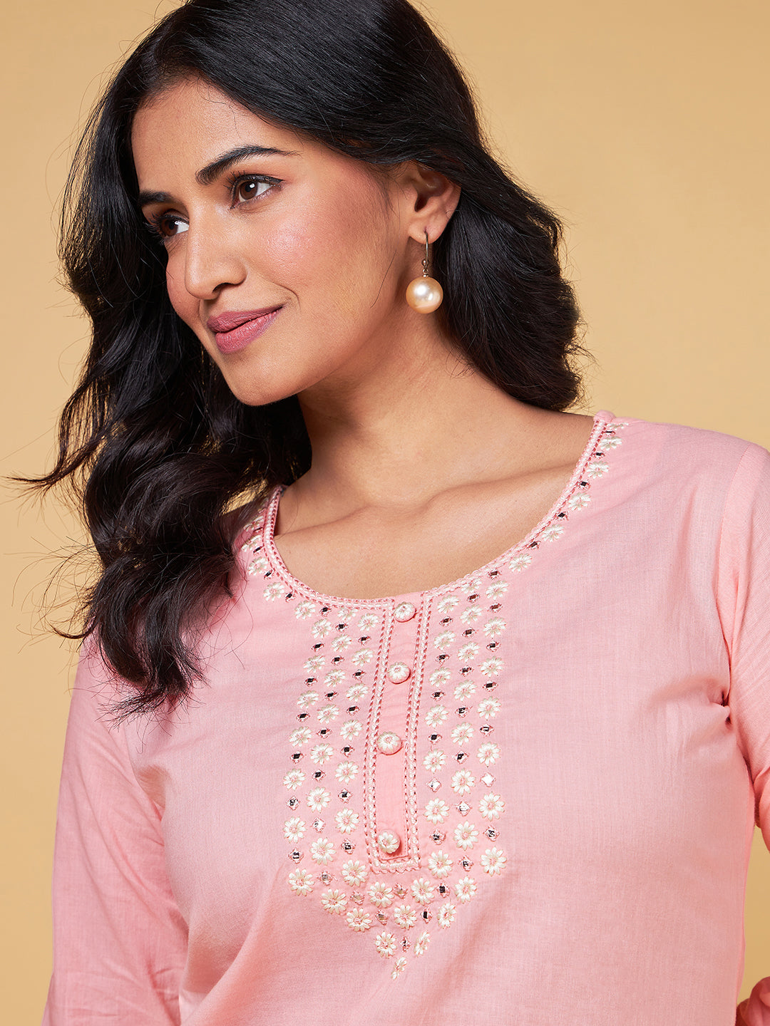 Saaki by Samantha Ruth Prabhu Peach Pink Embroidery Cotton Kurta Set Detail