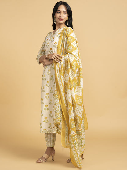 Blooming Elegance  White And Yellow  Kurta Set With Dupatta