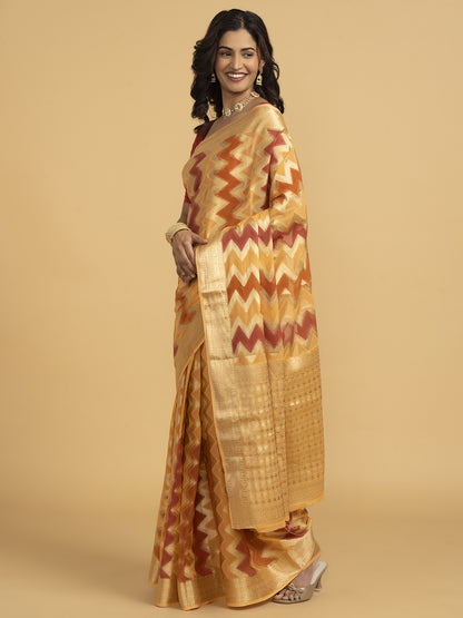 Divine Drapes Ikat Design Peach And Gold Saree