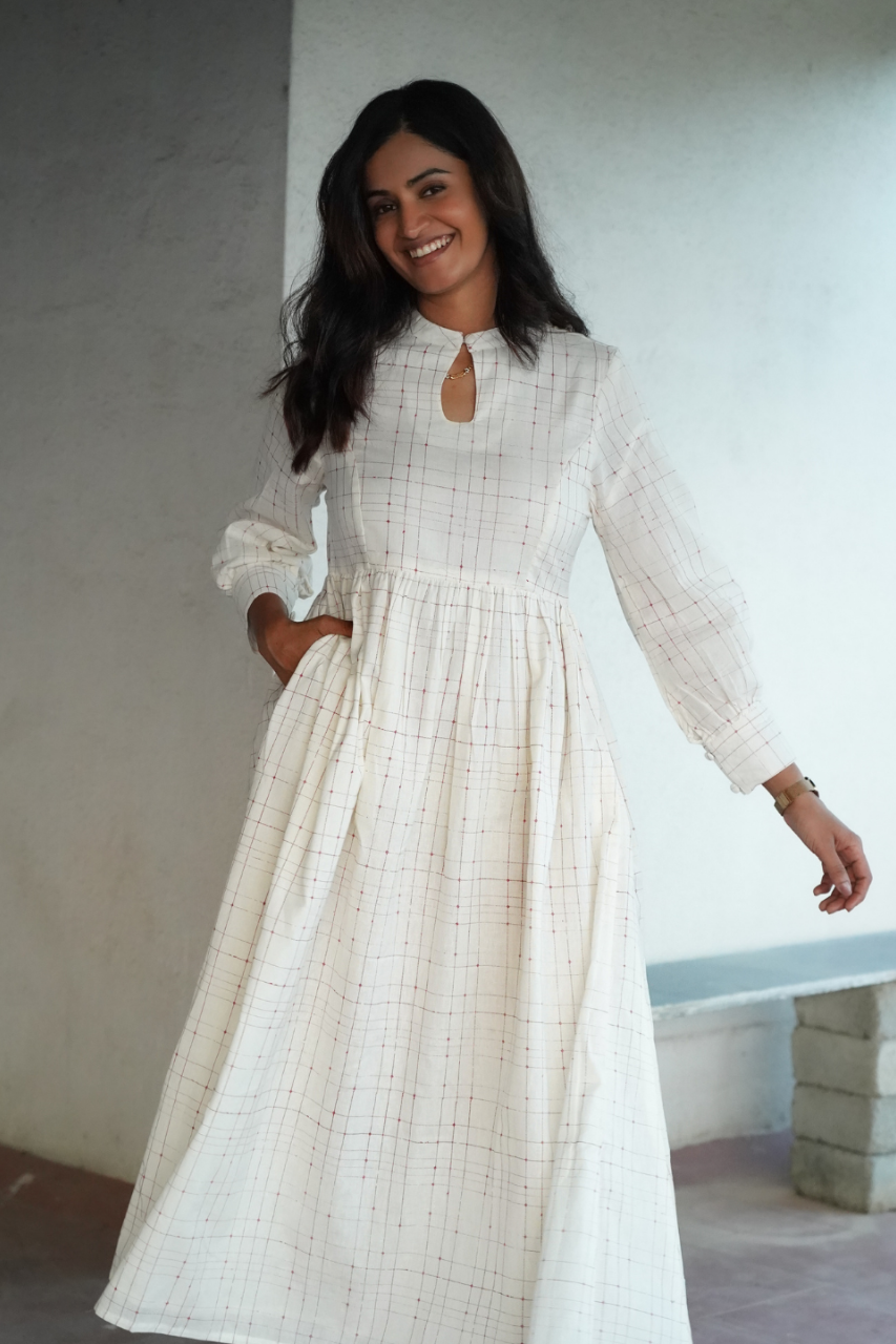 Ornate Oasis Off White Printed Checkered Dress