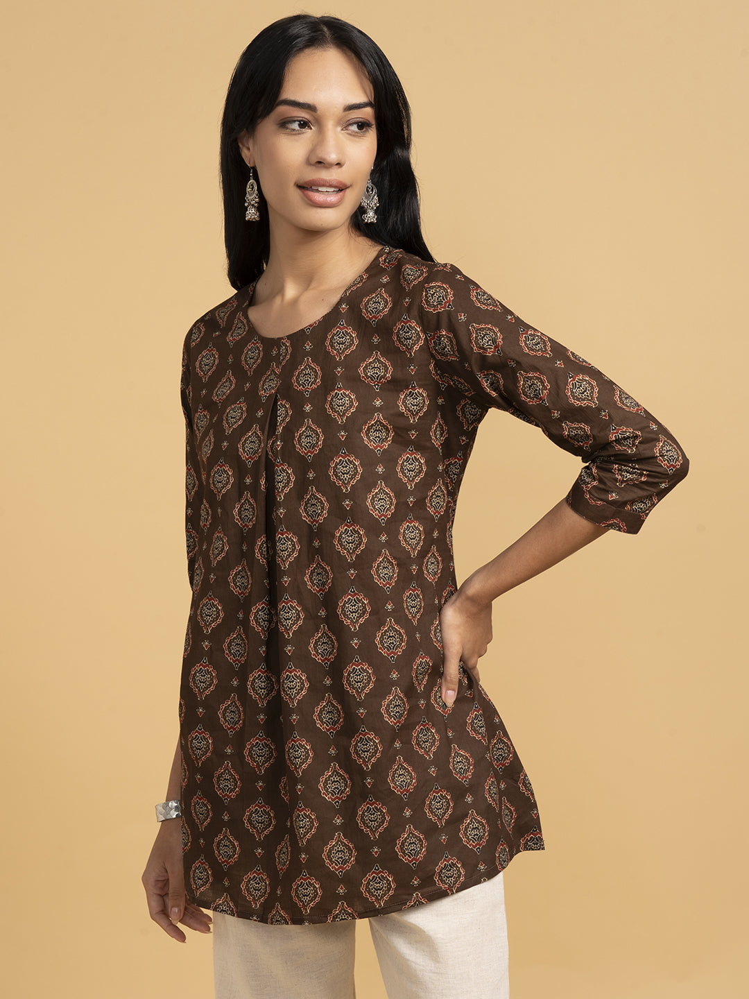 Blooming Elegance All Over Print Brown Kurta Top