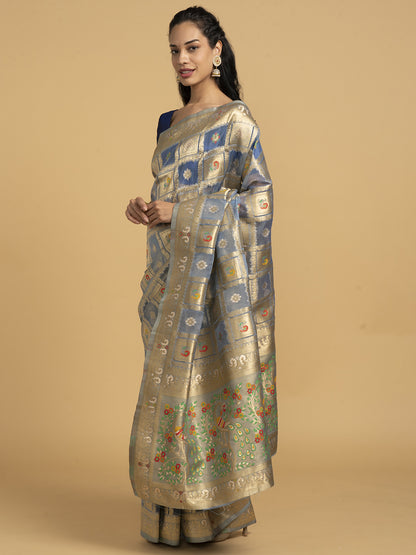 Divine Drapes Blue checked Motif Saree