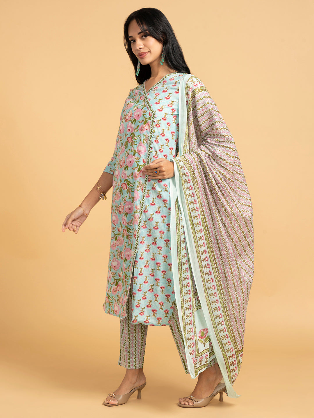 Blooming Elegance Floral Over Lap Design Green Kurta Set With Dupatta