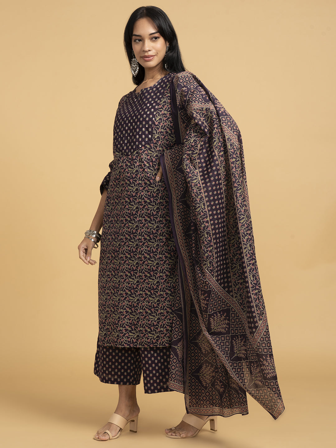 Blooming Elegance Purple All Over Print Kurta Set With Dupatta