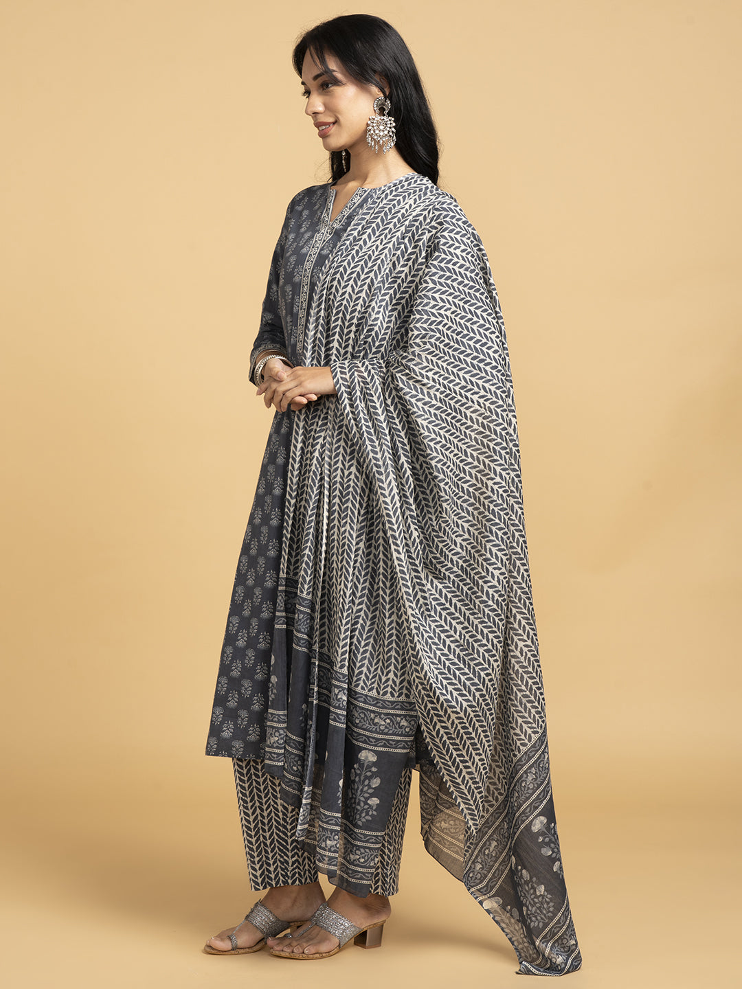 Blooming Elegance Grey All Over Print Kurta Set With Dupatta