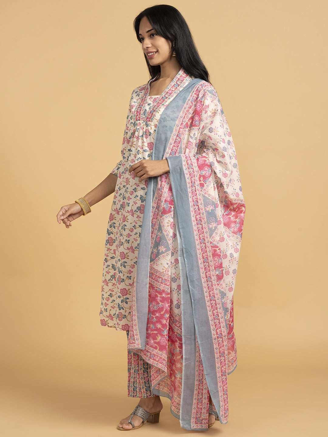 Blooming Elegance Floral All Over Print Off White Kurta Set With Dupatta