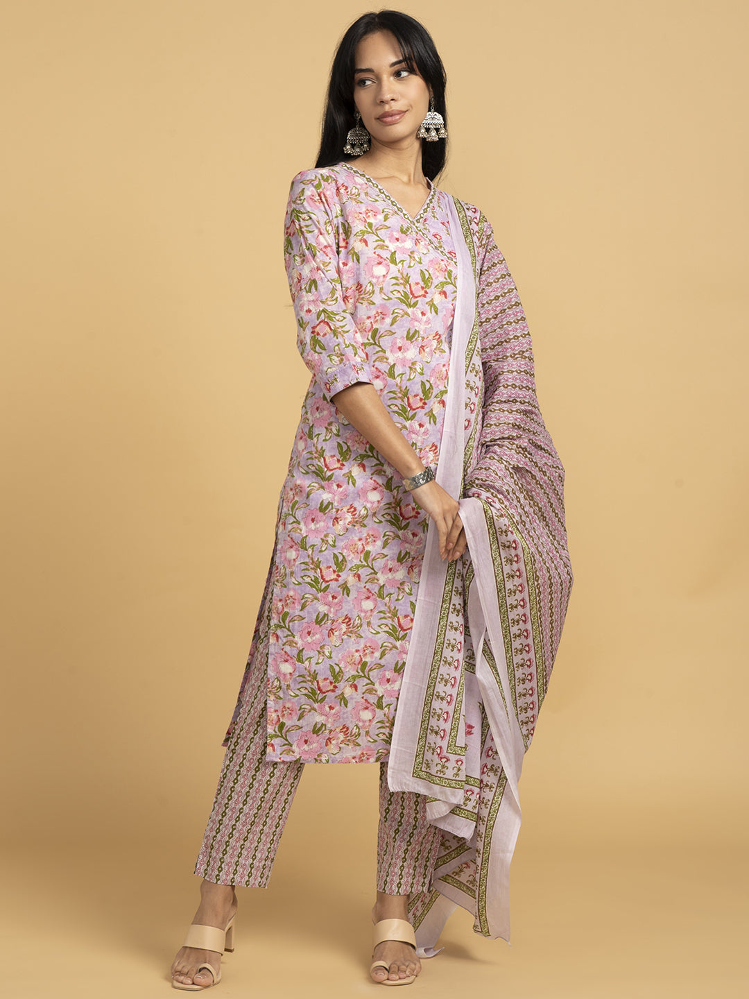 Blooming Elegance Floral Over Lap Design Pink Kurta Set With Dupatta