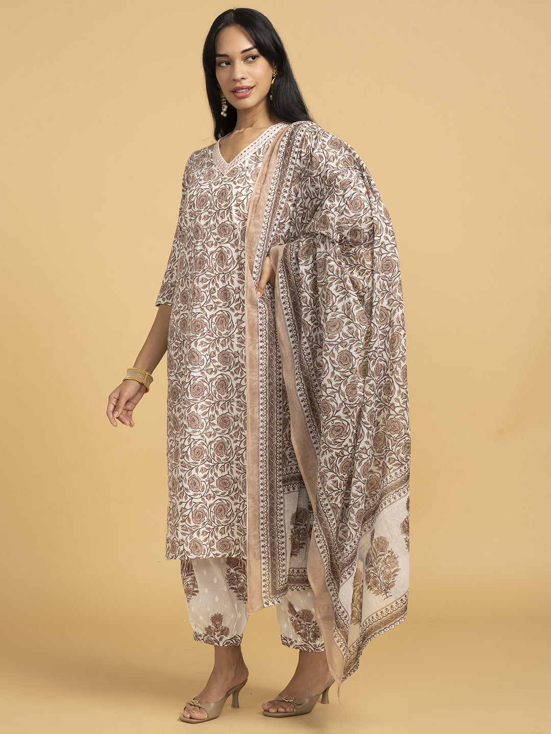 Vibrant Roots Brown Printed Kurta Set With Dupatta