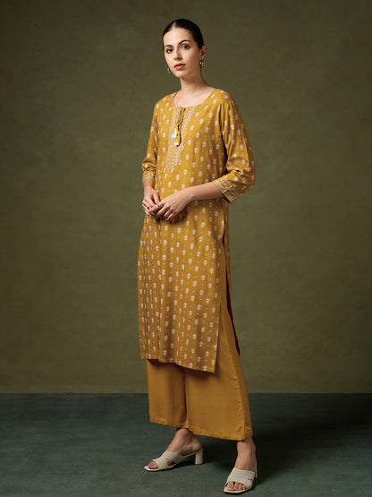 Blooming Elegance Printed Mustard Kurta