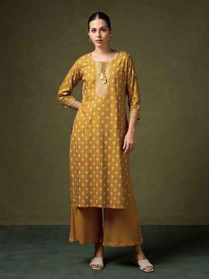 Blooming Elegance Printed Mustard Kurta