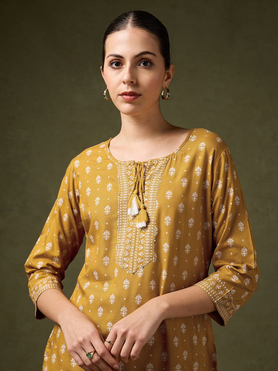 Blooming Elegance Printed Mustard Kurta