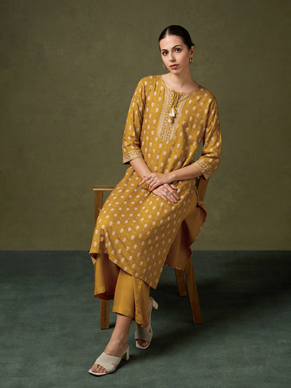 Blooming Elegance Printed Mustard Kurta