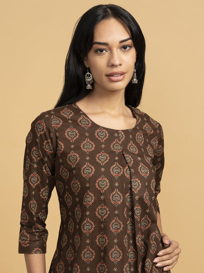 Blooming Elegance All Over Print Brown Kurta Top