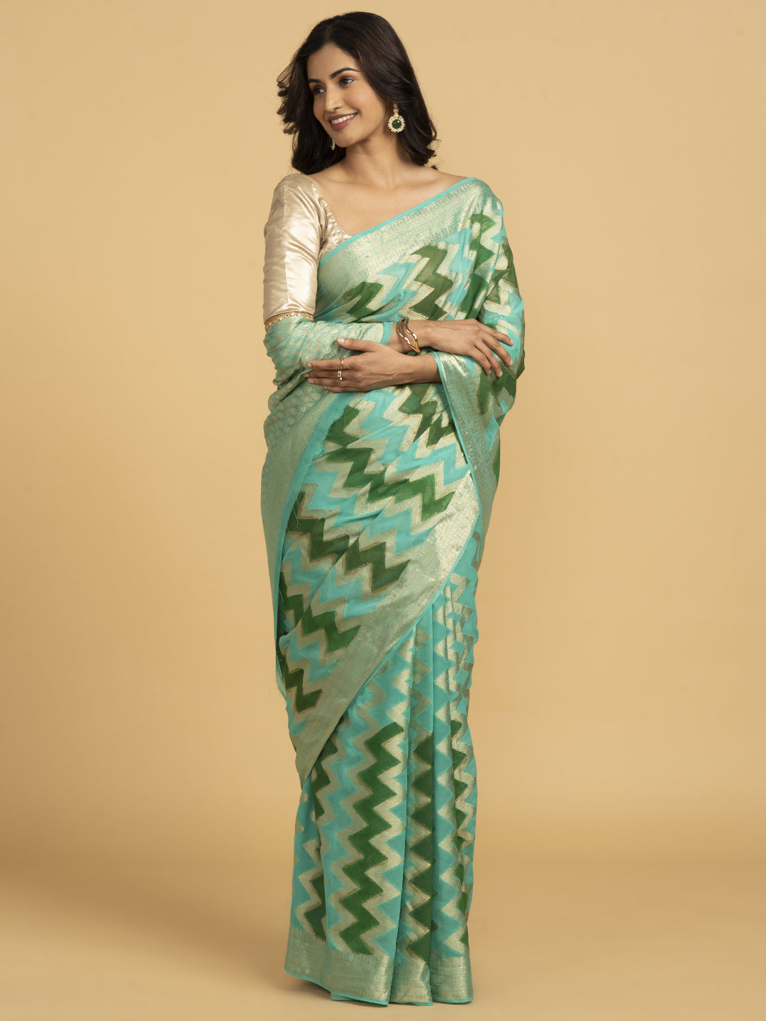 Divine Drapes Ikat Design Green And Gold Saree