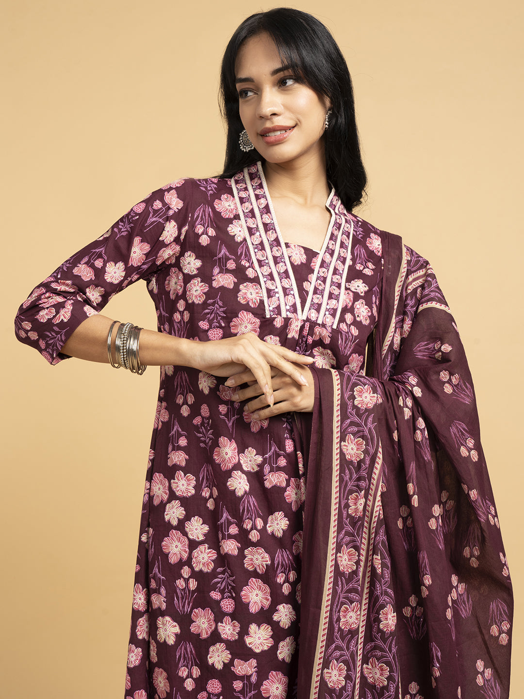 Blooming Elegance All Over Floral Print Purple Kurta Set With Dupatta