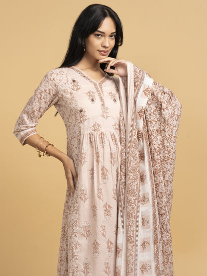 Blooming Elegance Floral Print Pink Kurta Set With Dupatta