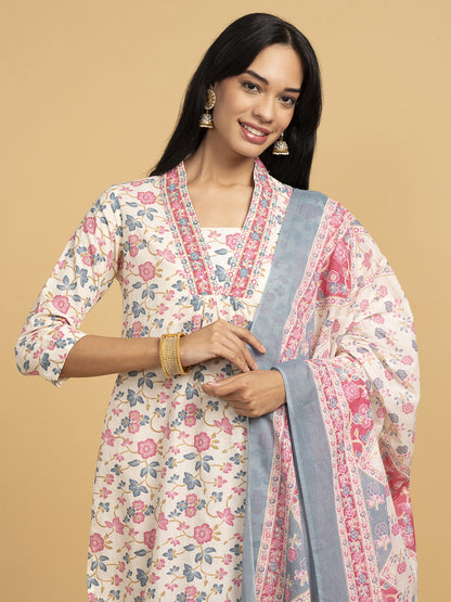 Blooming Elegance Floral All Over Print Off White Kurta Set With Dupatta