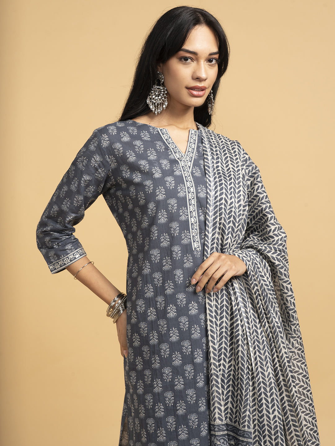 Blooming Elegance Grey All Over Print Kurta Set With Dupatta