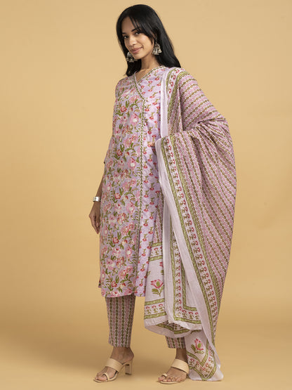 Blooming Elegance Floral Over Lap Design Pink Kurta Set With Dupatta