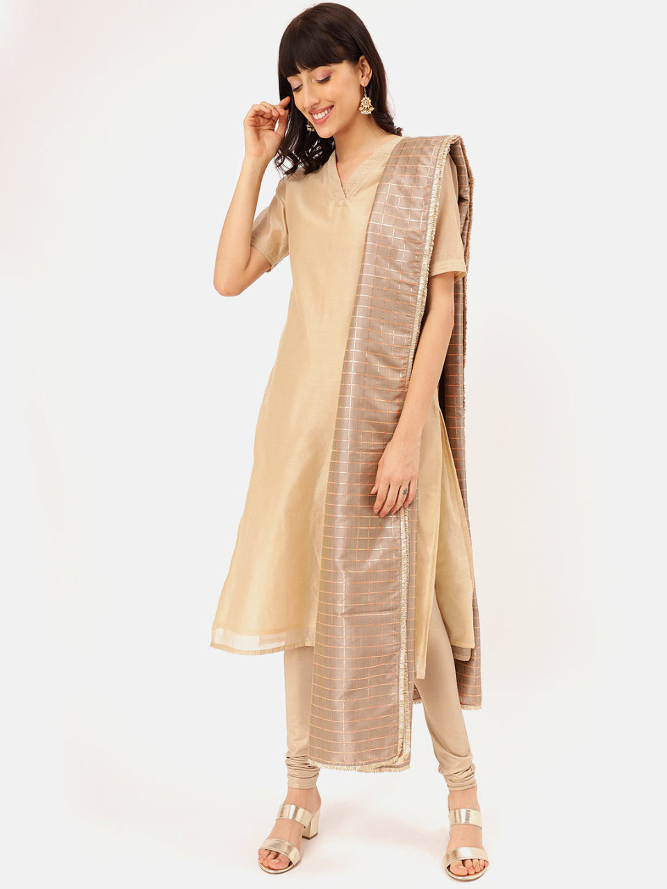 CHANDERI KURTA DUPATTA SET WITH GOLD TRIMS