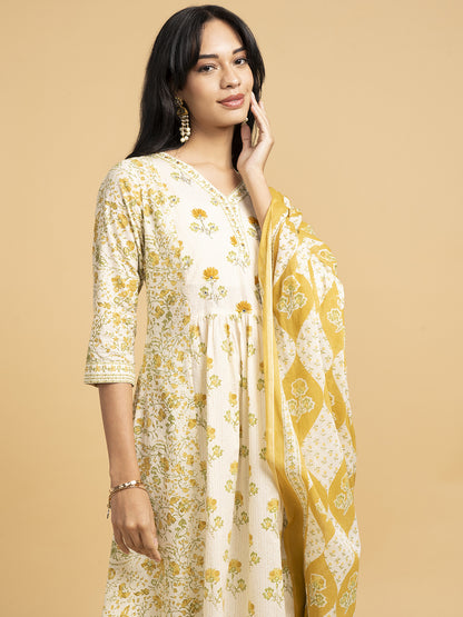 Blooming Elegance  White And Yellow  Kurta Set With Dupatta