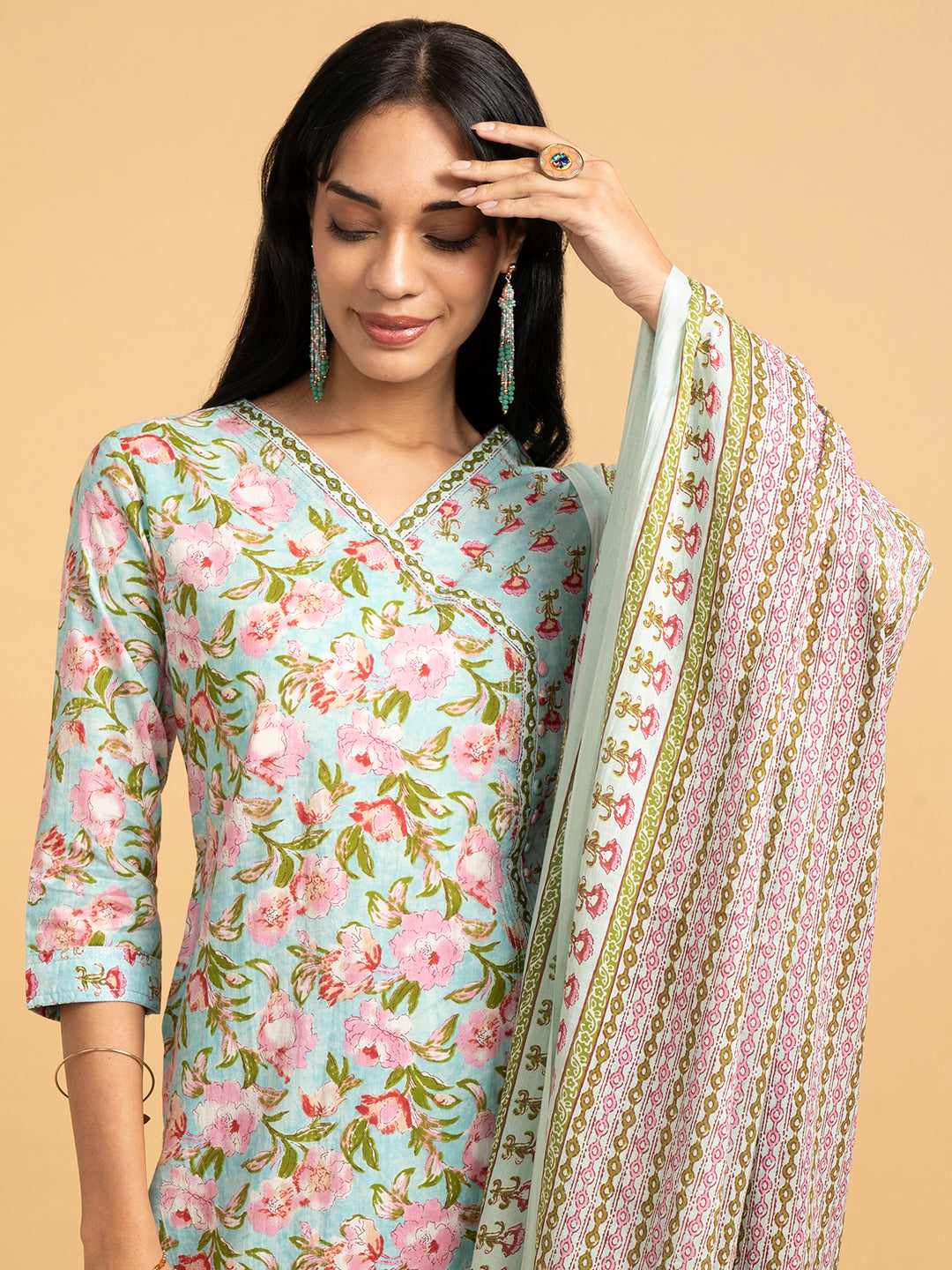 Blooming Elegance Floral Over Lap Design Green Kurta Set With Dupatta