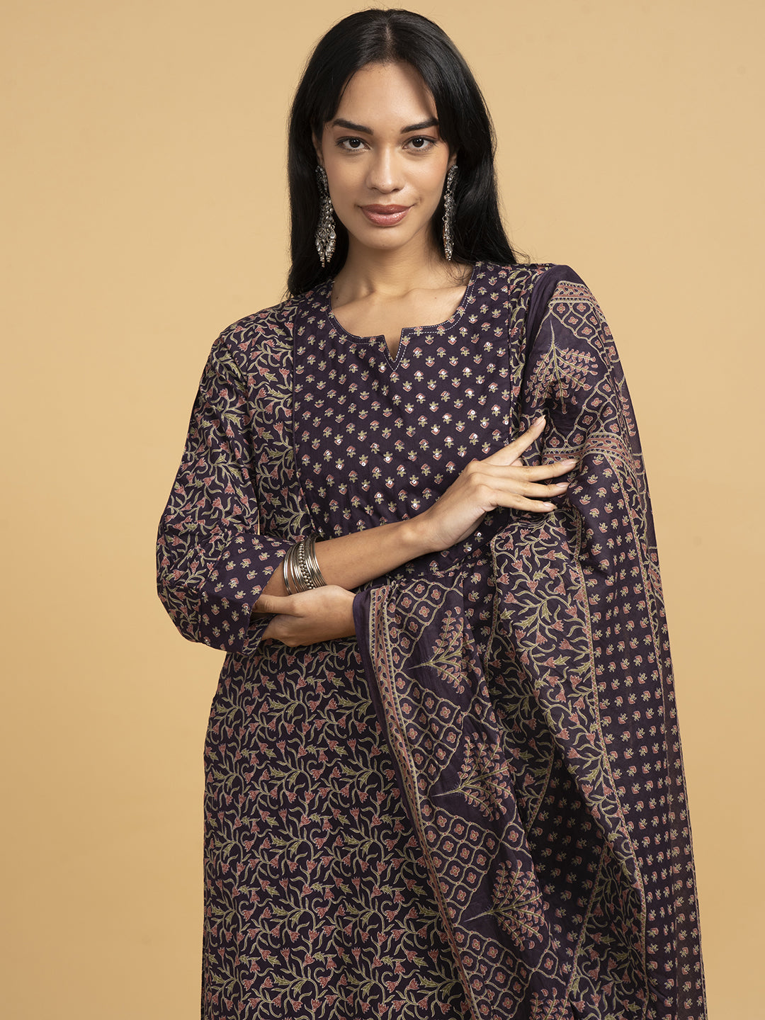 Blooming Elegance Purple All Over Print Kurta Set With Dupatta