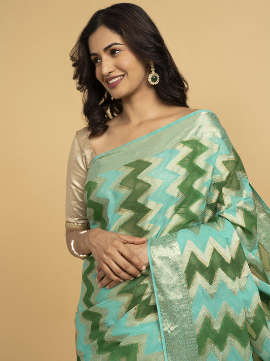 Divine Drapes Ikat Design Green And Gold Saree