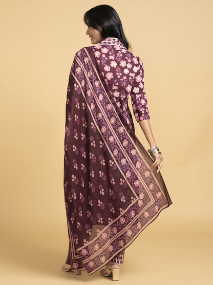 Blooming Elegance All Over Floral Print Purple Kurta Set With Dupatta