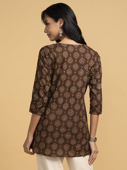 Blooming Elegance All Over Print Brown Kurta Top