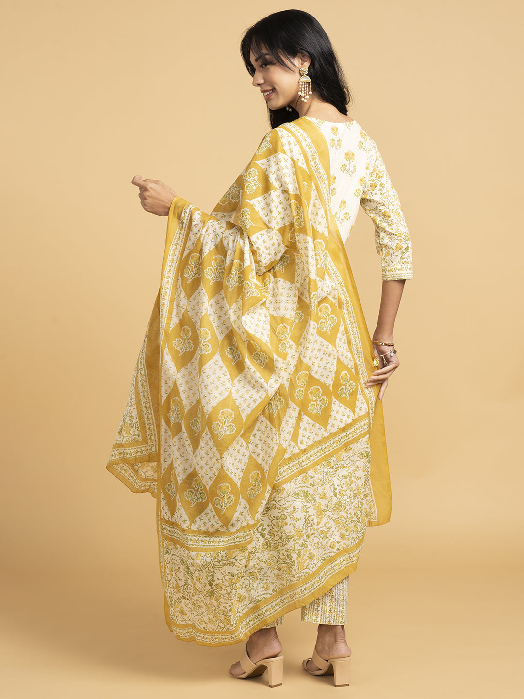 Blooming Elegance  White And Yellow  Kurta Set With Dupatta