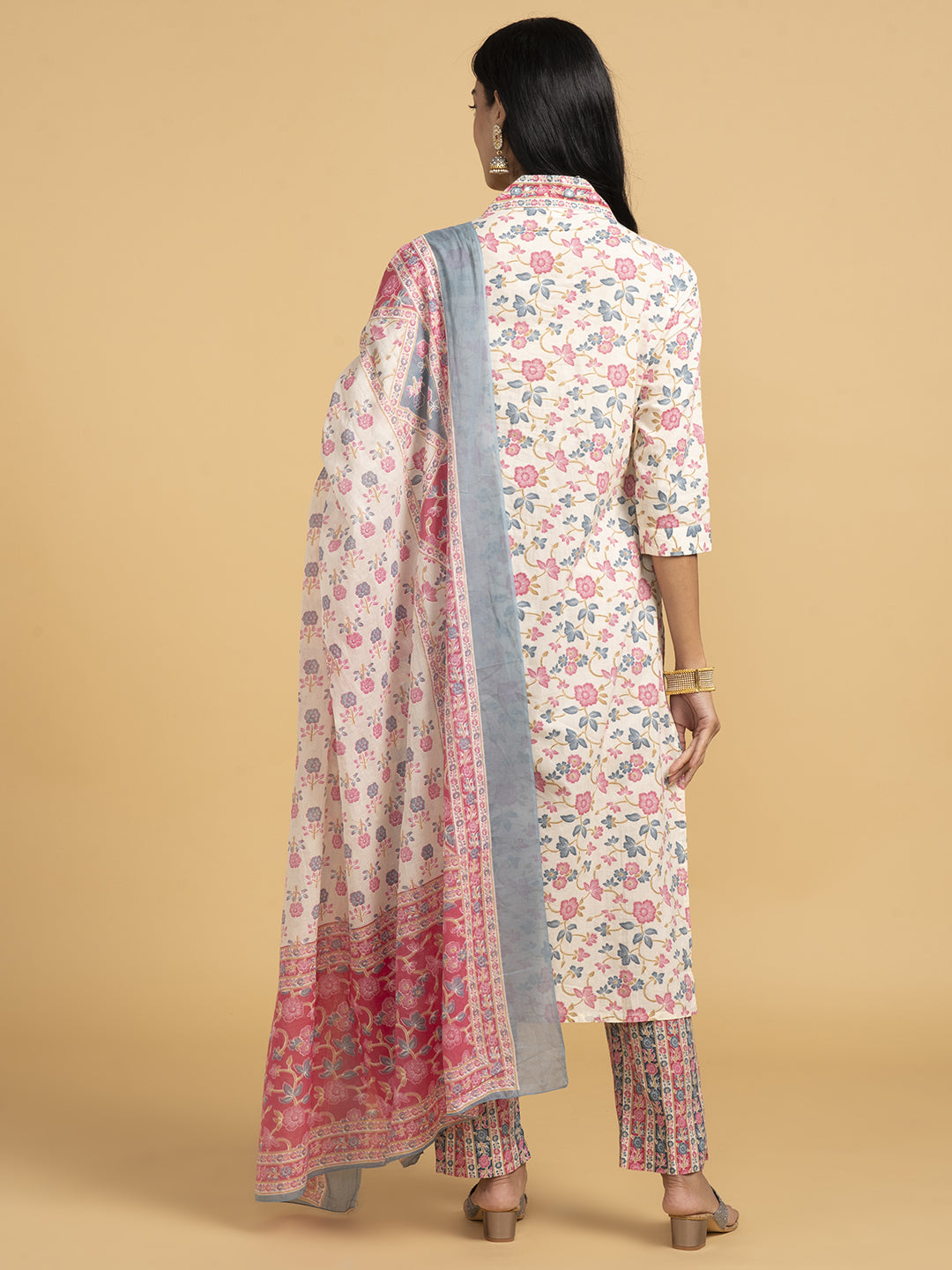 Blooming Elegance Floral All Over Print Off White Kurta Set With Dupatta