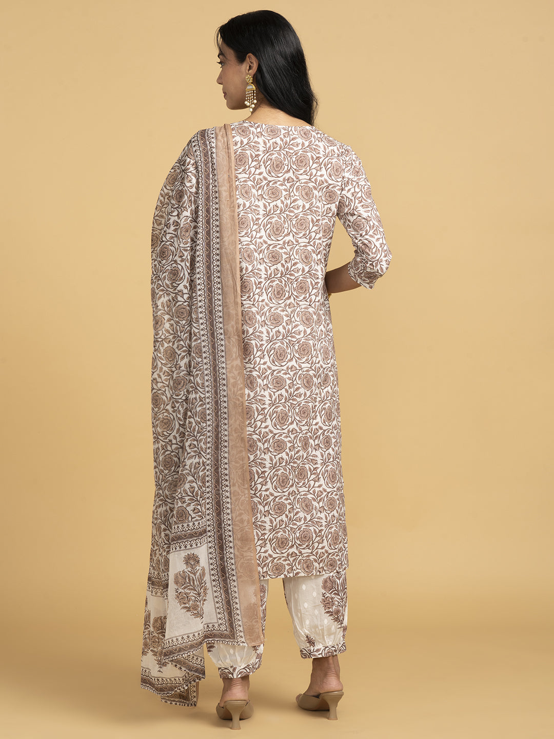 Vibrant Roots Brown Printed Kurta Set With Dupatta