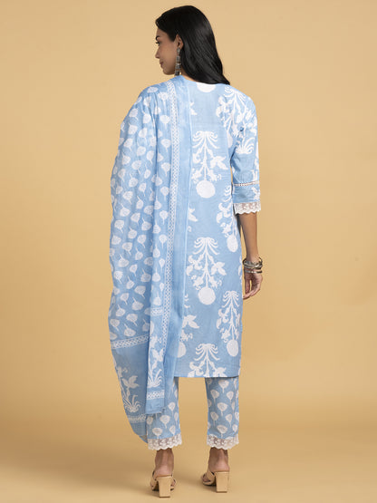 Vibrant Roots Blue Kurta Set With White Floral Print