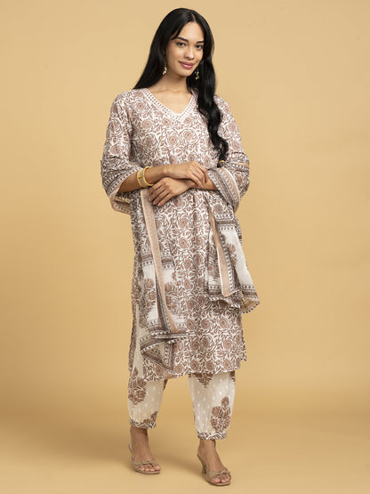 Vibrant Roots Brown Printed Kurta Set With Dupatta