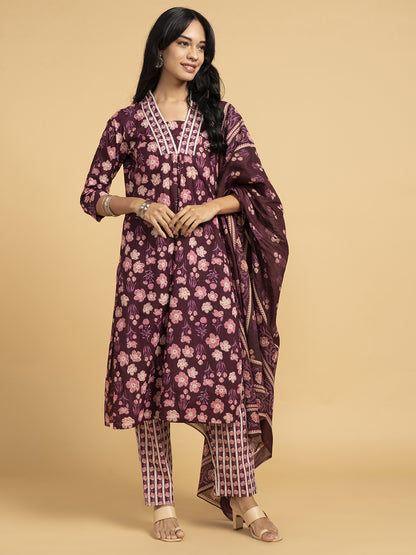 Blooming Elegance All Over Floral Print Purple Kurta Set With Dupatta