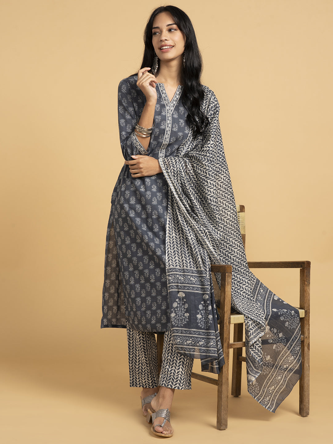 Blooming Elegance Grey All Over Print Kurta Set With Dupatta