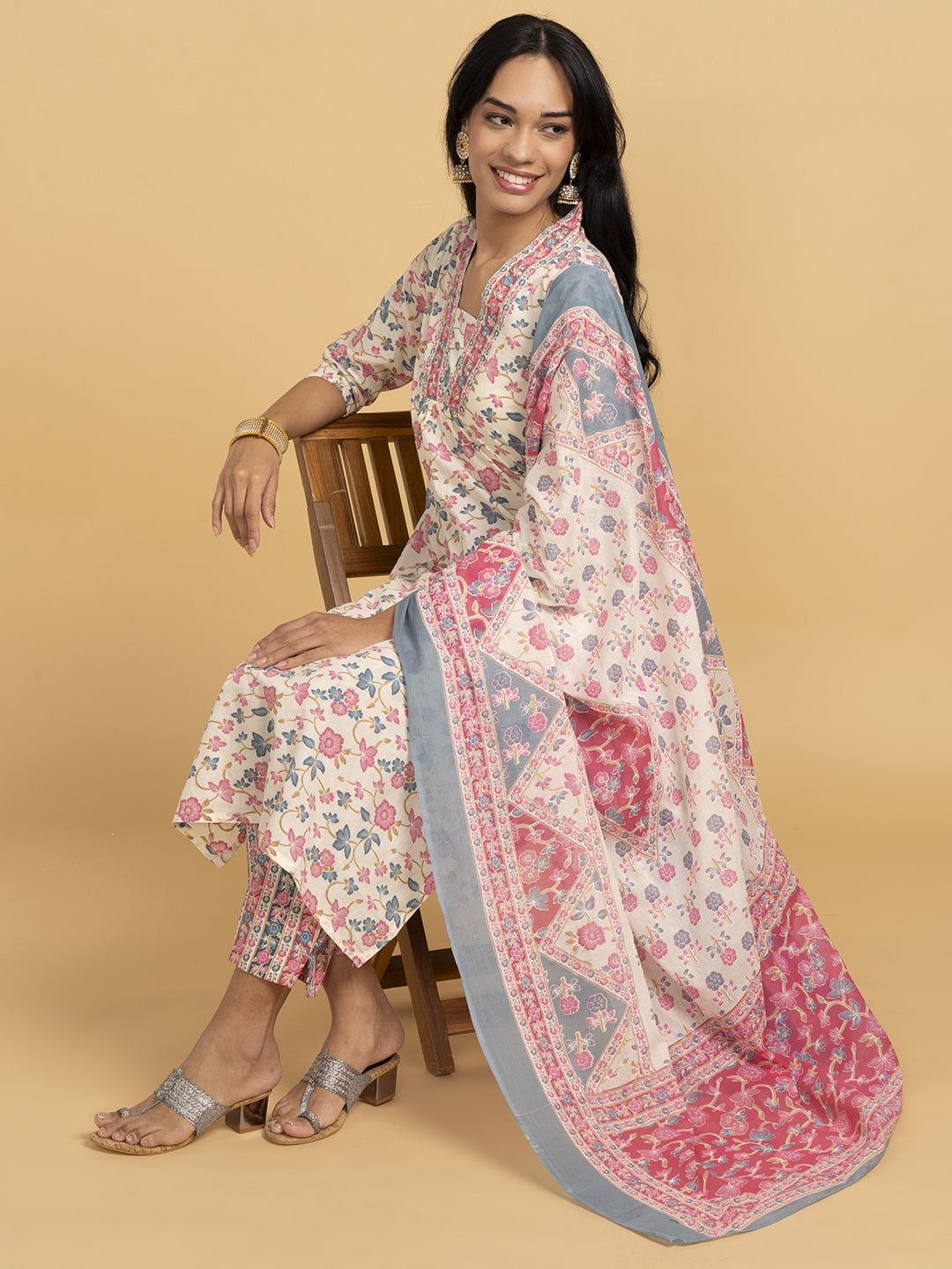 Blooming Elegance Floral All Over Print Off White Kurta Set With Dupatta