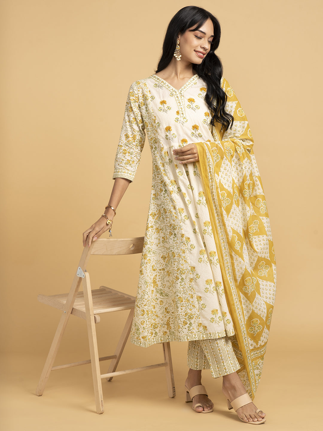 Blooming Elegance  White And Yellow  Kurta Set With Dupatta