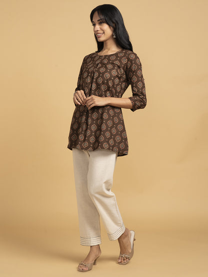 Blooming Elegance All Over Print Brown Kurta Top