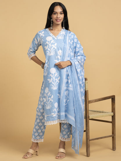 Vibrant Roots Blue Kurta Set With White Floral Print