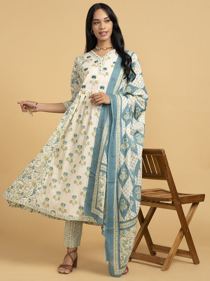 Blooming Elegance  White And Blue Kurta Set With Dupatta