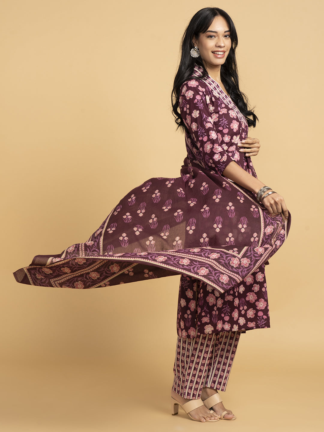 Blooming Elegance All Over Floral Print Purple Kurta Set With Dupatta